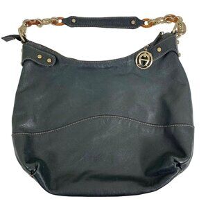Etienne Aigner Black Leather Hobo Shoulder Bag Chain/Tortoise Shell Strap Logo